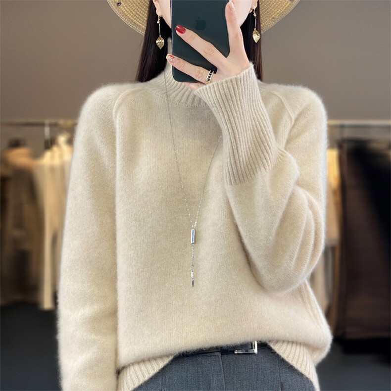 长袖套头纯色2024年秋季高领休闲百搭羊毛衫,女装羊毛衫,鲁菏羊绒