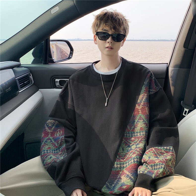 8XL-M民族风拼接卫衣大码胖子费尔岛上衣圆领复古外套WY5106/P55，男装民族服装，电商B238