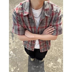 扎染格子衬衫短袖男夏季美式复古薄款外套户外格纹防晒衬衣C63，男装防晒衣，星座1116A（原606A-3）