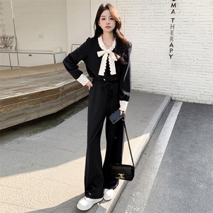 2024春季新款针织两件套蝴蝶结新年红色针织打底衫女高级短款套装图片