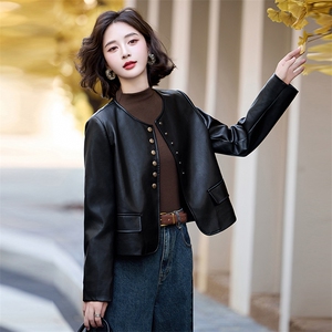 黑色小皮衣外套女2025秋季新款短款pu皮夹克圆领休闲单排扣上衣女图片