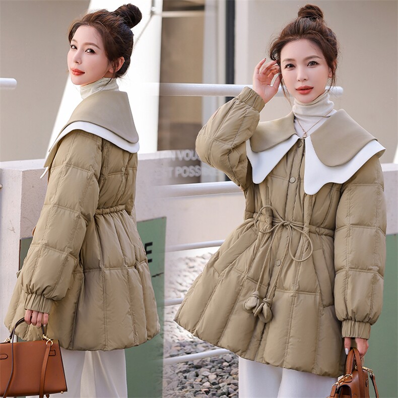 2022年冬季90白鸭绒拼接娃娃领特色气质淑女韩版羽绒服女，女装羽绒服，韩蜜菓