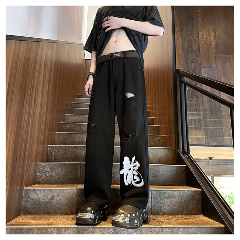 k1079-p55-控78M-5XL现货oversizecleanfit显瘦黄泥牛仔裤破洞,男装牛仔裤,星座116
