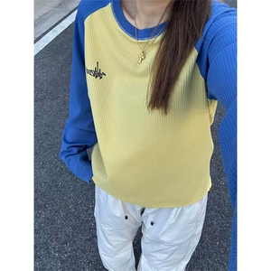 高品 春秋撞色插肩拼接华夫格T恤男女休闲圆领宽松上衣 A1290-P55图片