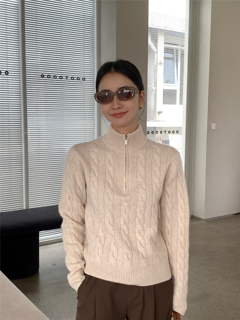 复古咖色立领麻花毛衣女秋冬季加厚慵懒老钱风半拉链针织衫图片