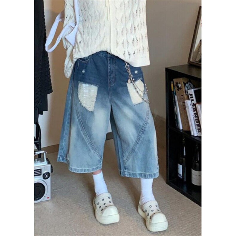 破洞阔腿牛仔短裤女夏季高街设计感宽松高腰阔腿七分裤子ND3804,男装牛仔裤,星座1116A（原606A-3）