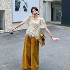 今年流行的休闲套装裤女夏2025新款超洋气欧货小香风阔腿裤两件套，女装套装/套裙，维壹