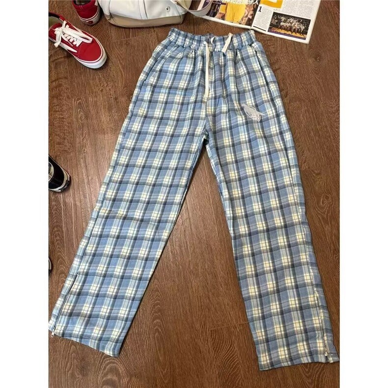 蓝色格子加绒阔腿裤男女秋冬高腰休闲直筒显瘦设计感慵懒风裤子,男装卫衣,星座506A
