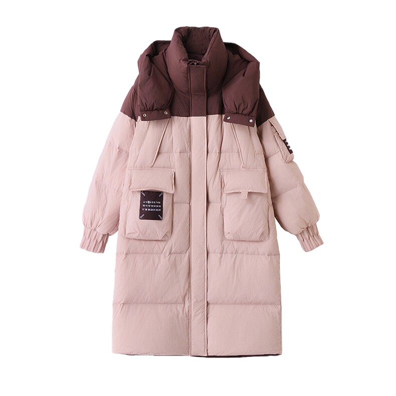 粉色连帽撞色拼接羽绒服女2024冬新款过膝中长款加厚保暖鸭绒外套,女装羽绒服,韩宇舍