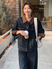 美式复古独特撞色拼接2025年春新款时尚牛仔外套阔腿裤，女装短外套，浙宝305