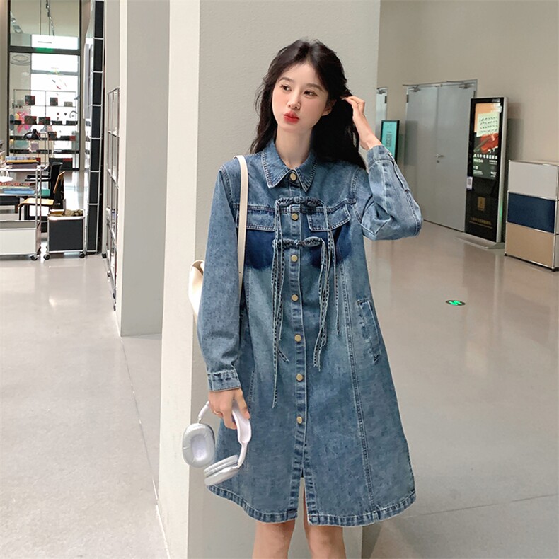 新中式牛仔连衣裙女2024春秋新款高端复古百搭衬衫裙,女装连衣裙,点滴