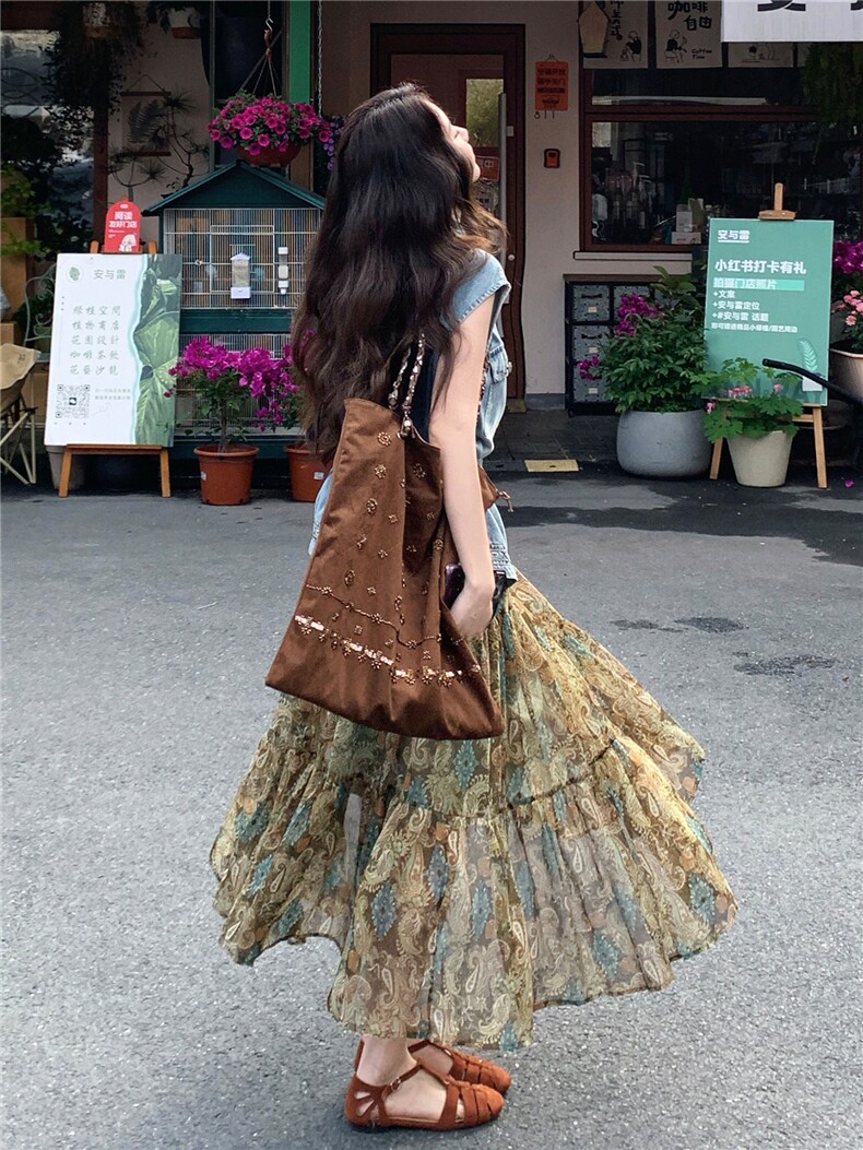 复古套装裙2026夏季优雅休闲刺绣系带牛仔马甲碎花裙两件套,女装套装/套裙,冬木谷雨
