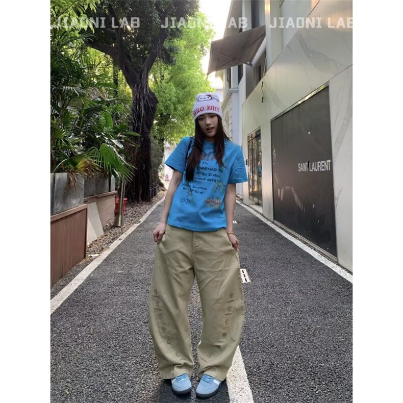 欧美高街vibe裤子男小众设计感美式黄泥染牛仔裤刺绣微喇直筒裤潮,男装牛仔裤,星座506A