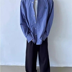 美式复古慵懒宽松蓝色格子长袖衬衫男2025新款百搭休闲刺绣衬衣潮，男装衬衫，星座506A