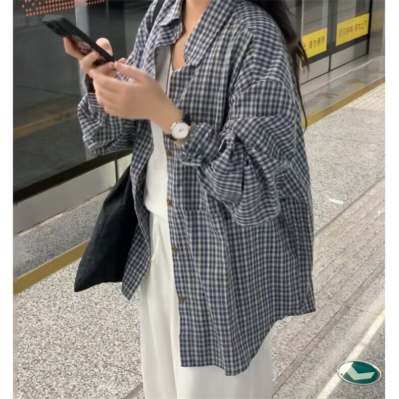 格纹衬衫男女2025韩系小个子宽松慵懒防晒衬衣复古百搭长袖上衣,男装衬衫,星座601-1