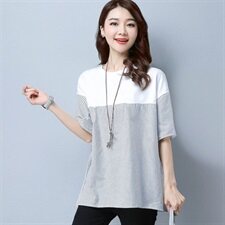 文艺2021年春季短袖宽松T恤气质时尚竖条纹圆领修身928，女装T恤，秋牧寒烟