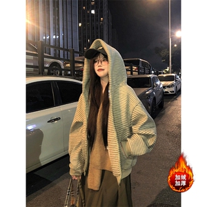 [网图]加绒开衫连帽卫衣美式复古条纹短款外套5D1202-TP65118图片