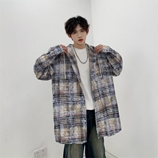 美式复古上衣男设计感小众衬衣外套潮扎染格子连帽衬衫潮流，男装衬衫，星座716-2