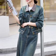 潮牌复古时尚牛仔套装女2024春秋新款洋气炸街短外套阔腿裤两件套，女装套装/套裙，江南女神