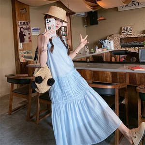 休闲风纯色无袖连衣裙女2025夏季新款韩版温柔风减龄宽松腰长裙图片
