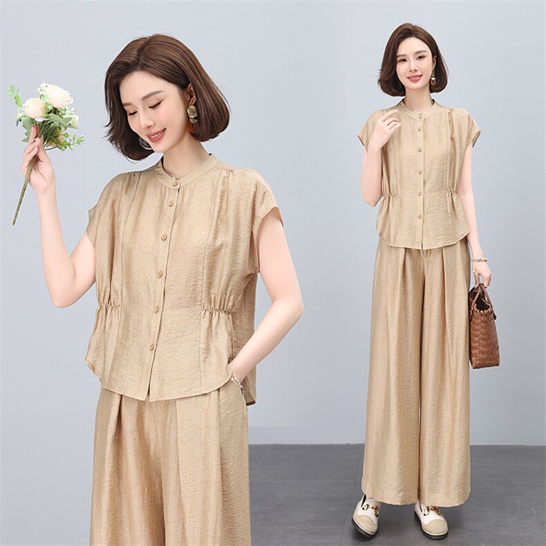 高端棉麻套装女夏季新款大码妈妈洋气质减龄上衣阔腿裤亚麻两件套，女装套装/套裙，雪樱依海