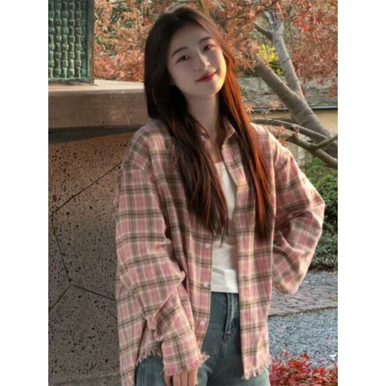 TC593-P45美式潮牌格子衬衫夏季毛边设计感防晒衬衣情侣上衣,女装衬衫,星座617A-2