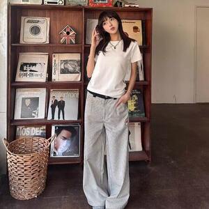 美式条纹休闲裤女夏季新款显瘦百搭高级感阔腿拖地裤LN12522-P55,白色冬装长裙搭配图片图片