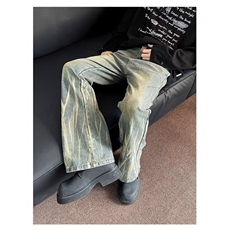 1506/Q1470/P43复古牛仔裤男美式水洗拼接闪电纹设计微喇休闲裤，男装牛仔裤，星座1506
