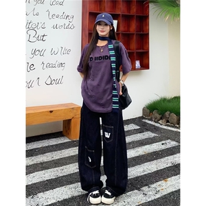 美式复古原色口袋字母弯刀牛仔裤男女款多口袋宽松休闲垂感阔腿裤图片