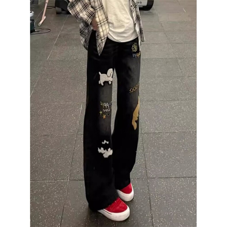 秋季黑色老虎刺绣牛仔裤男个性烫钻徽章修身直筒休闲长裤 NK0708图片