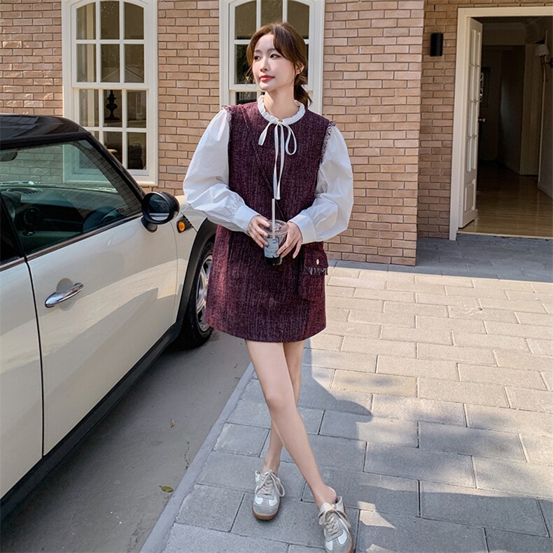 超火千金感穿搭紫色小香风连衣裙女春季2025新款高级感假两件裙子,女装半身裙,2C176