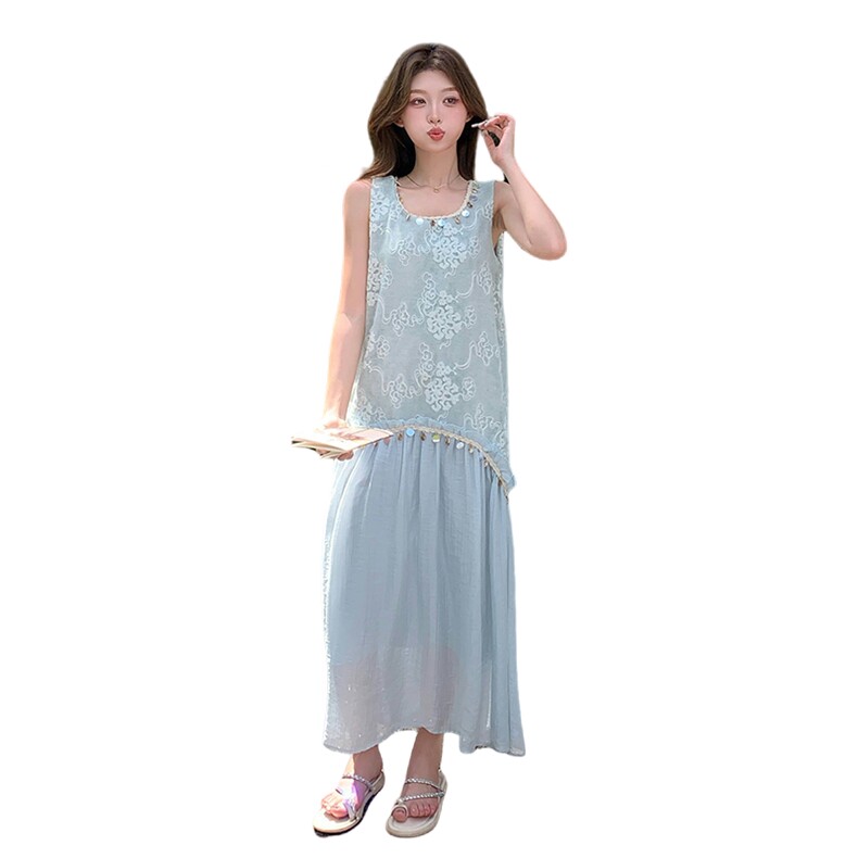 绝美漂亮无袖拼接背心连衣裙女夏2025新款湖绿色流行爆款少女长裙,女装连衣裙,韩蜜菓