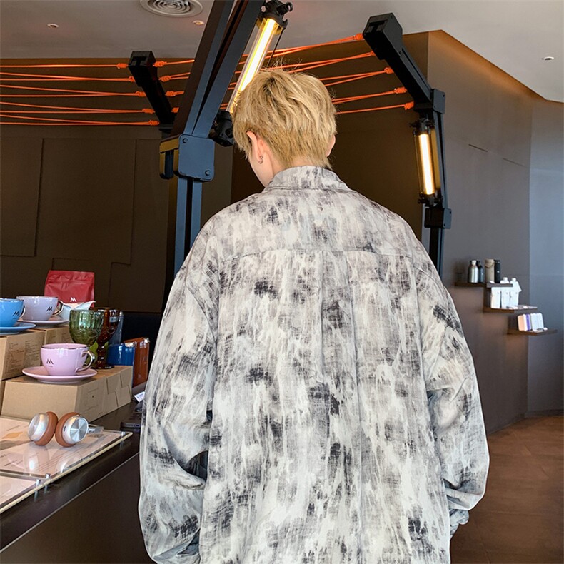 XZ301AC901早秋新款港风简约宽松水墨画渐变百搭长袖衬衫P50控70,男装衬衫,星座301A