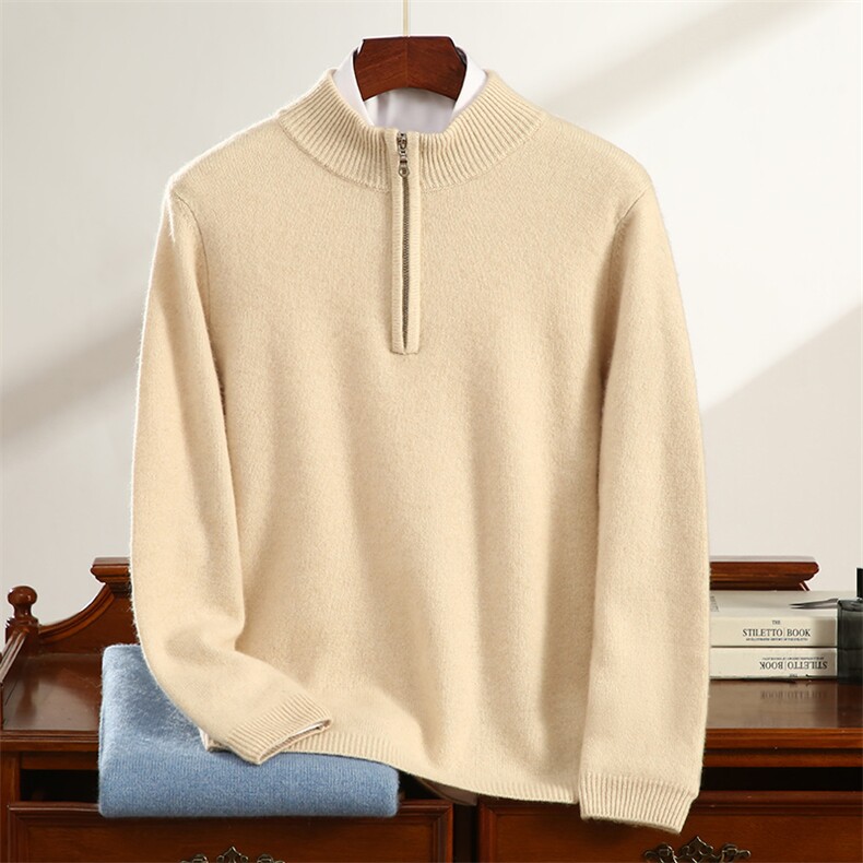 秋冬季35%羊绒简约休闲百搭商务7针双股拉链半高领羊绒衫男装，男装羊绒套衫，云暖羊山羊绒