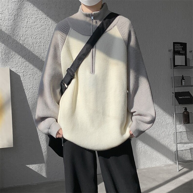 8XL-M撞色半拉链毛衣宽松慵懒风插肩袖大码针织衫外套MY1513/P75,男装针织衫/毛衣,电商B238