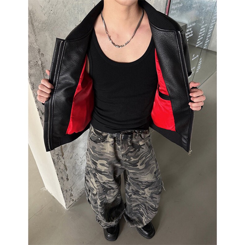 抖音得物高品质美式高街复古老钱风PU皮夹克外套男女短款机车皮衣,男装夹克,电商A486