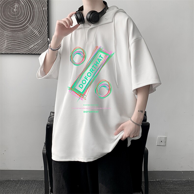 LD54171-P45连帽短袖t恤男大码胖子带帽五分袖中袖大皂风,男装T恤,电商A040