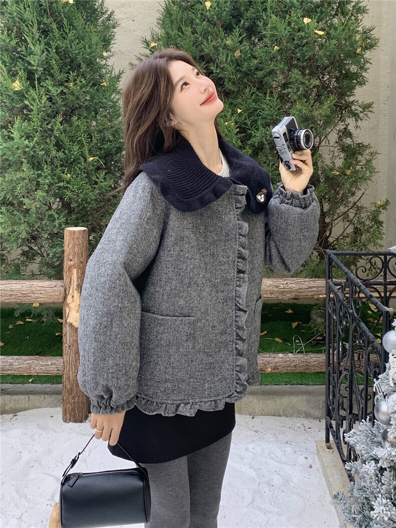 韩版学院风娃娃领毛呢白鸭绒外套女短款灰色气质减龄小个子羽绒服,女装羽绒服,艾米莉亚