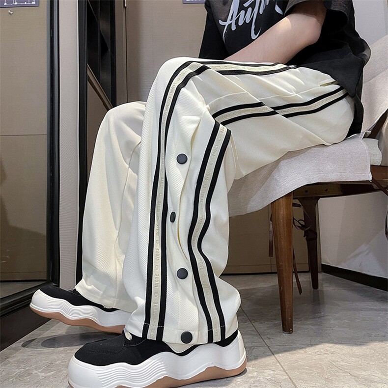 港风夏款男卫裤开叉单排扣条纹拼接长裤h240P40,男装休闲裤,星座1013-1
