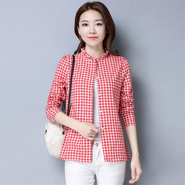 长袖格子排多扣韩版百搭直筒2024年秋季格子木耳边衬衫，女装衬衫，风姿绰