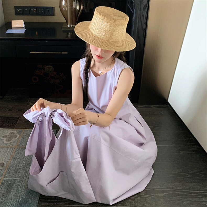 韩系小个子高级感无袖背心裙女夏新款肩带可调节蝴蝶结系带连衣裙,女装连衣裙,纯色衣恋