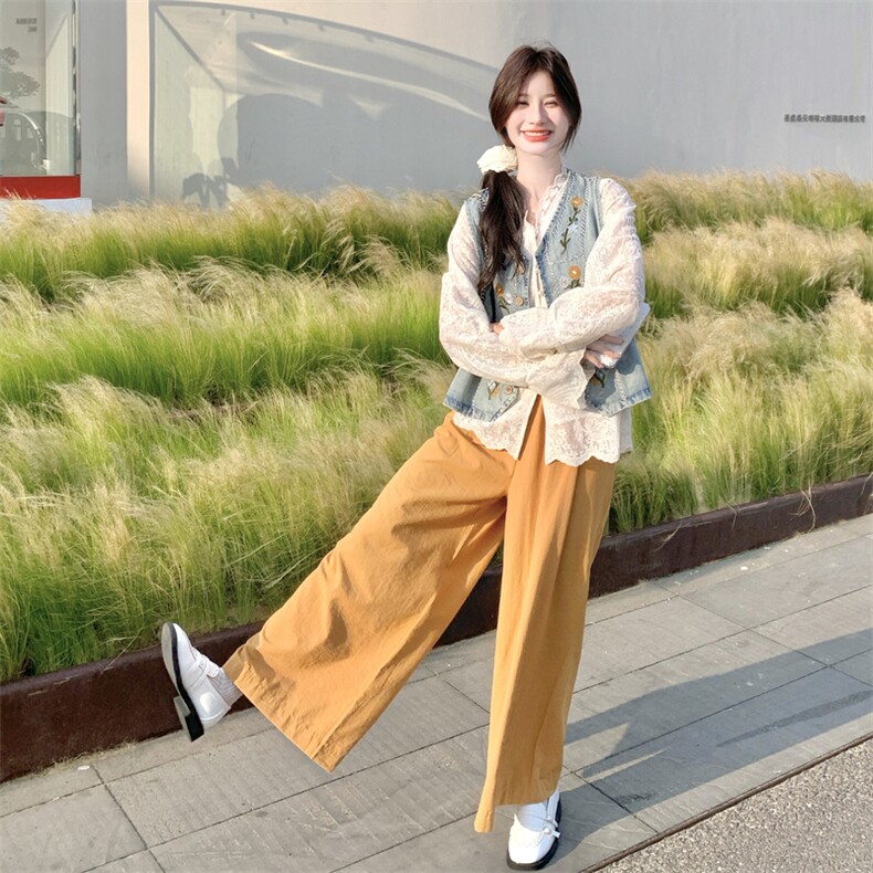 设计感小众蕾丝衬衫刺绣牛仔马甲三件套女2025秋季新款复古阔腿裤图片