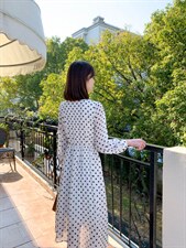 秋季新款韩版修身淑女气质高雅甜美可爱蝴蝶结圆点连衣裙，女装连衣裙，荷塘月色