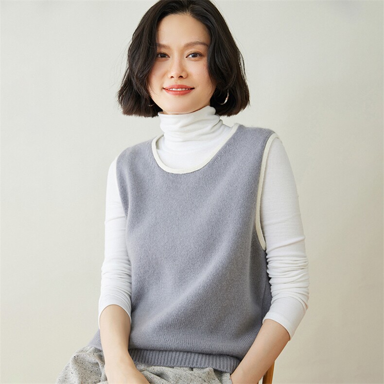 时尚百搭女士羊绒马甲简约圆领无袖针织背心舒适保暖显瘦外套,女装马甲,迎冬羊绒