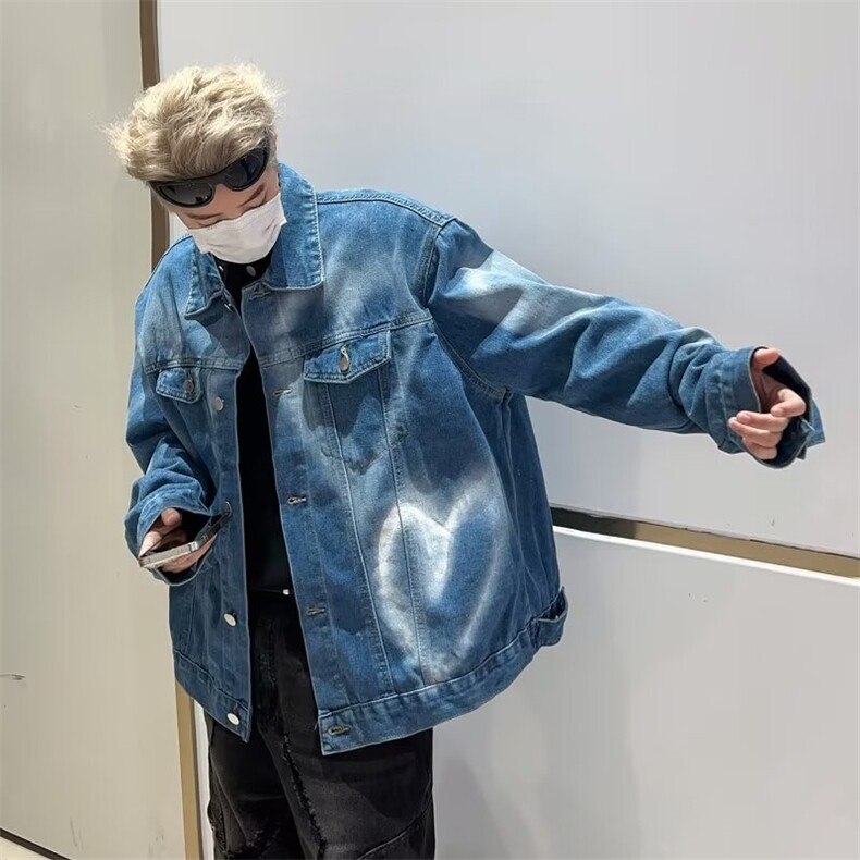 高街oversize爱心印花撞色牛仔外套美式复古vibe重工艺拼接夹克潮,男装夹克,星座601-2