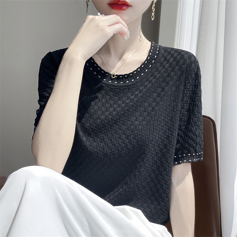 法式圆领冰丝针织短袖T恤女2025夏薄透气宽松显瘦上衣半袖t恤衫,女装T恤,凯思米羊绒