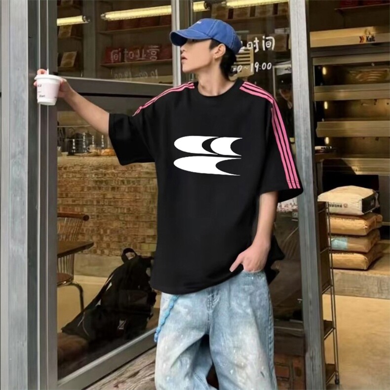 抖音得物品质二开240克宽松纯棉美式潮牌印花三条杠中性风短袖T恤,男装T恤,电商A486-1