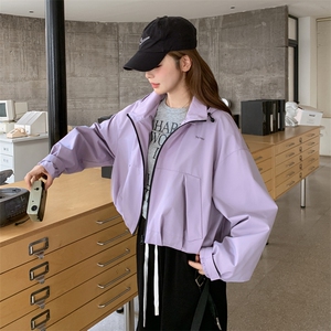 紫色韩系超好看连帽工装冲锋衣短外套女2025秋小个子减龄休闲上衣图片