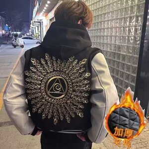 新款百搭慵懒时尚毛呢拼皮面料加大刺绣高质量夹克日系夹棉保暖图片