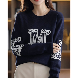 欧美重工M字母提花针织羊毛衫女圆领宽松休闲加厚毛衣保暖内搭，女装针织衫/毛衣，美莎羊绒